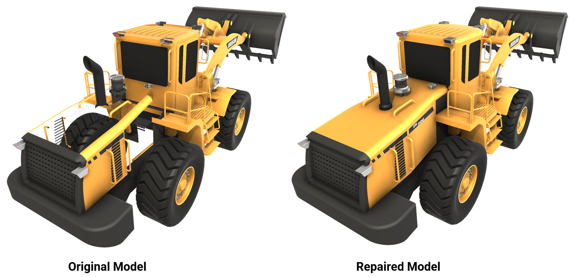 Before repair, part of the tractor body isn't displayed because some faces aren't properly oriented.